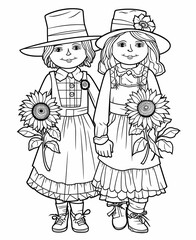 Halloween Scarecrow Coloring Page Outline Of cartoon couple with sunflowers.