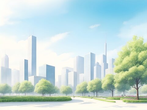 Beautiful park in the modern city. AI generated illustration