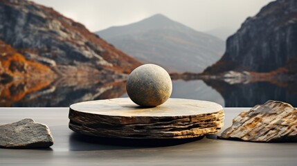 Round stone placed on round stone with shade and on rock on white surface against blurry landscape with river and mountains..