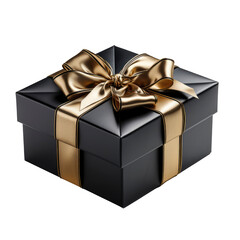 Obraz premium Elegant Black Gift Box with Gold Ribbon isolated on a transparent background.