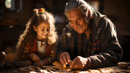 indigenous grandfather growing organic food with his granddaughter, teaching her how to sow and cultivate, garden life, connection with nature, lifestyle in Latin America
