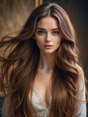 Fototapeta premium beautiful woman with long hair standing posing for portrait photo, natural light