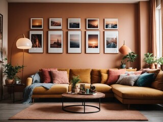 Modern living room with colored frames on the wall