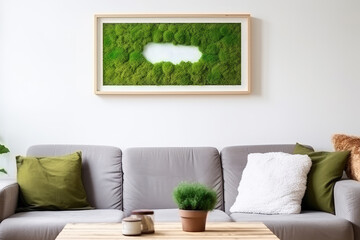 Living room interior with panel of green moss on the wall. Natural wall decoration with moss. Natural sustainable interior design element
