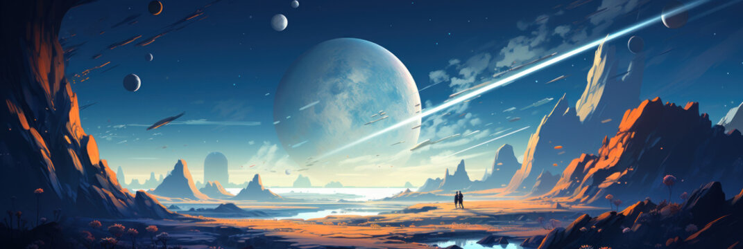 Astronaut in spacesuit standing on uninhabited planet, bright stars and galaxies and planets in the sky, illustration banner