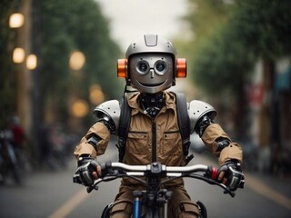 Obraz na płótnie Canvas Happy humanoid robot rides a bicycle