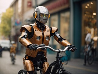 Fototapeta na wymiar Happy humanoid robot rides a bicycle