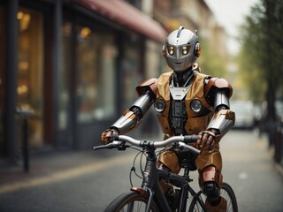 Fototapeta na wymiar Happy humanoid robot rides a bicycle