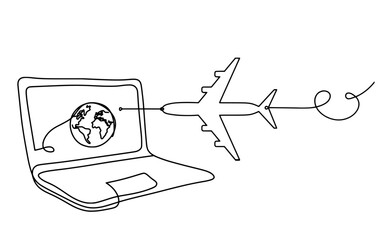 Abstract laptop and plane as line drawing on white background. Vector