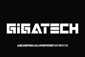 Strong bold futuristic alphabet display font vector. Geometric technology typography style