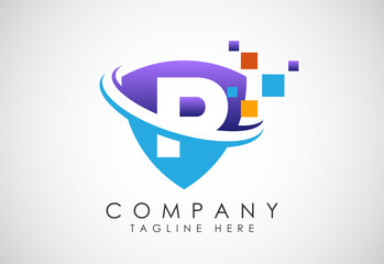 English alphabet P with shield, swoosh and data pixel. Creative technological modern logo design