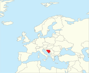 Red CMYK national map of BOSNIA AND HERZEGOVINA inside simplified beige blank political map of European continent on blue background using Winkel Tripel projection