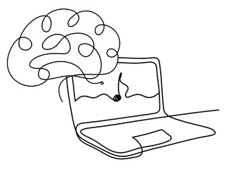Abstract laptop and brain as line drawing on white background. Vector