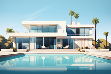 Fototapeta premium Modern country house villa in a minimalist cubic style with swimming pool, illustration of a vacation on the sea coast