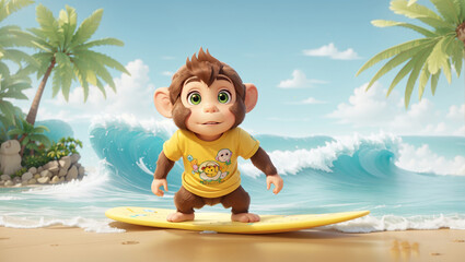 Obraz na płótnie Canvas Cute monkey are surfing on the beach waves.