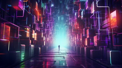 Produce a futuristic geometric abstract image with neon lines and cyberpunk aesthetics, immersing viewers in a digital world. - obrazy, fototapety, plakaty