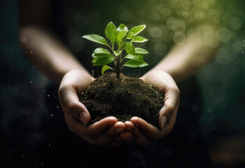 A human holds a seedling of a young plant in his hands