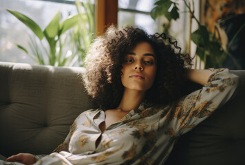 Black woman resting on sofa at living room.