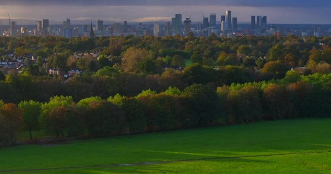 Manchester skyline filmed from Heaton Park in Prestwich early morning