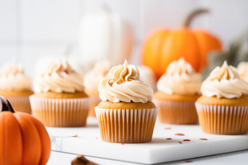 Delicious pumpkin cupcake with buttercream on light background. - obrazy, fototapety, plakaty