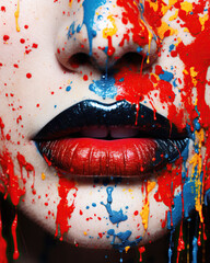 Beautiful female lips with red and blue paint splashes. Close-up