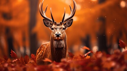 Portrait of happy deer rejoices in autumn.