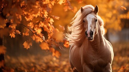 Portrait of happy horse rejoices in autumn.