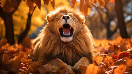 Portrait of happy lion rejoices in autumn.