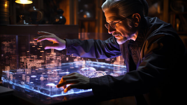 Holographic Interfaces: An IT expert interacting with holographic displays, manipulating data in a virtual environment.