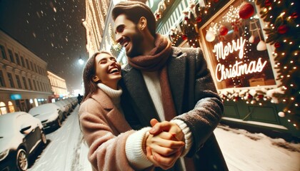 The photo captures a close-up moment of a warmly embraced couple sharing a joyful moment on a snowy street on New Year's Eve.