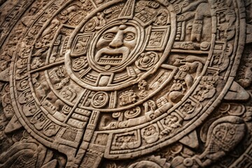 Ancient Mayan calendar carved on weathered stone. Generative AI