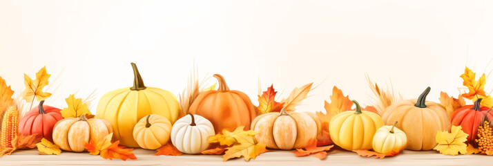 Fall banner with pumpkins and fall leaves on white background in watercolor style.