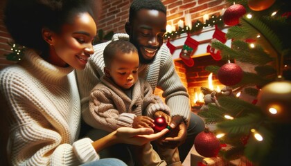 Photo of a family of African descent in a close-up shot, sharing special moments by a fireplace decorated for Christmas.