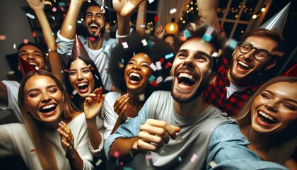 Close-up photo of a diverse group of friends celebrating a New Year's party at home. - obrazy, fototapety, plakaty