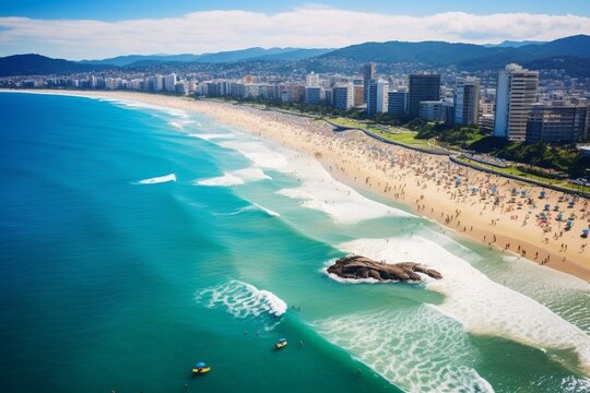 Aerial view of Itajaí's Brava Beach in Santa Catarina, Brazil - blue sea. Generative AI