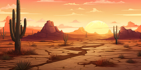 Desert sandy landscape with cactuses and sunset, illustrative background wallpaper 