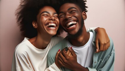 Photo in a close-up shot of two friends of African descent, reveling in a heartwarming moment. - obrazy, fototapety, plakaty