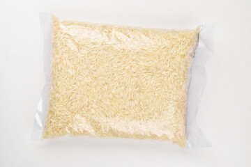 Top view of rice bag on white background