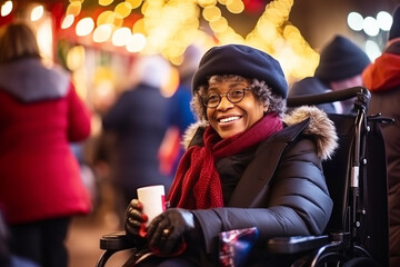 Fototapeta na wymiar Happy African American elderly woman in wheelchair drinking mulled wine at Christmas fair in festively decorated city