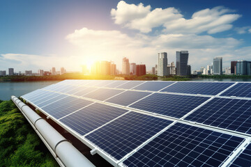 Solar panels the renewable energy against a city skyline ibackground