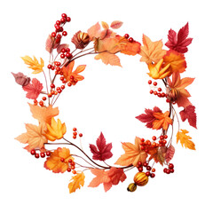 Naklejka na ściany i meble Beautiful round autumn wreath, decorative floral frame isolated on transparent background, png clip art design element.