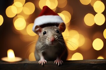 Cute rat in Santa hat on wooden table on blurred lights background