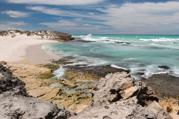 Fototapeta na wymiar sandy and rocky beach on a sunny and windy day, Whale trail, De Hoop Nature Reserve, Overberg, South Africa