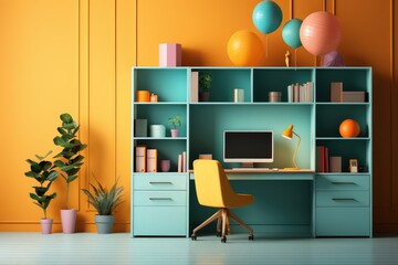 Interior of modern living room with blue bookshelf, chair and plants. Office cubicle or home office, a cute workspace in bright colors for Labour day or Learning at Work Week