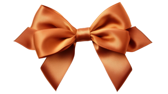 Beautiful shiny bronze silk bow isolated on transparent background, decorative design png element, clip art festive object.