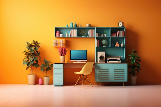 Home office interior with bookshelf and computer. Office cubicle or home office, a cute workspace in bright colors for Labour day or Learning at Work Week International Fun at Work Day  - Powered by Adobe