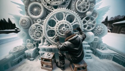 Wide shot of an artist, immersed in the process of sculpting elaborate steampunk designs from snow and ice.