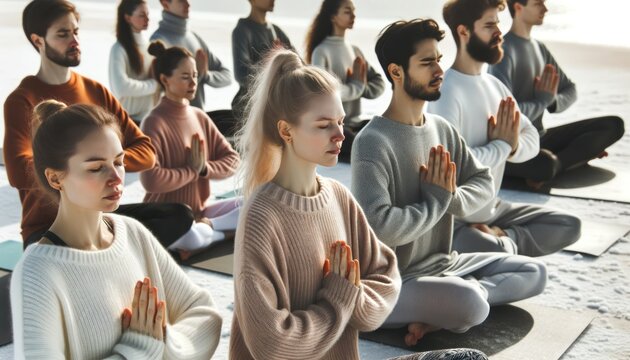Close-up photo of a diverse group of individuals practicing yoga poses on a snowy beach.