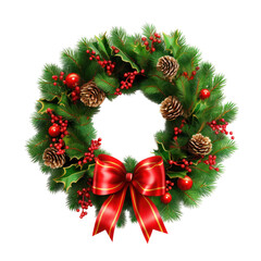 Fototapeta na wymiar Beautiful traditional Christmas decorative wreath made of fir tree isolated on transparent background. Png clip art design element.