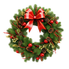 Fototapeta na wymiar Beautiful traditional Christmas decorative wreath made of fir tree isolated on transparent background. Png clip art design element.